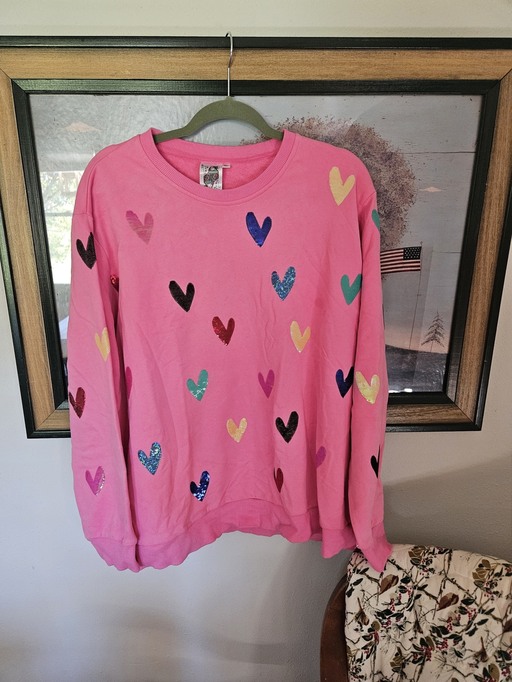 QUEEN OF SPARKLES Pink Heart Print Sweatshirt Sz Xl